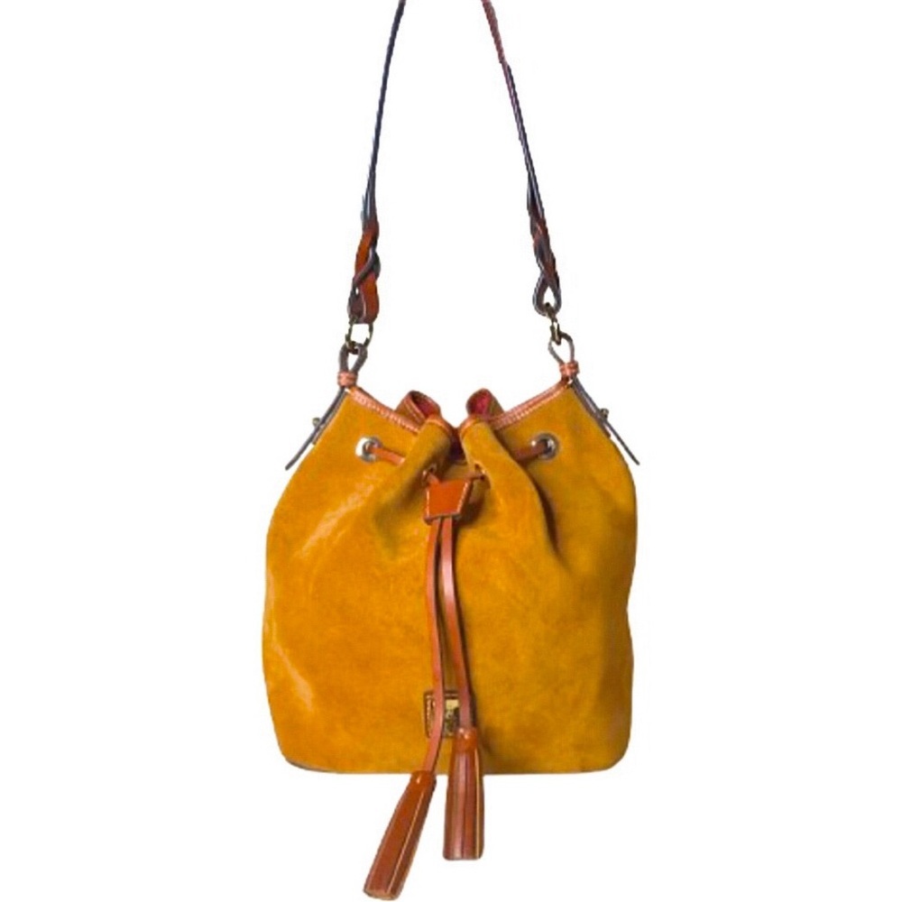 DOONEY BOURKE Honey Suede Bucket Bag w/ Brown Leather Drawstring Tassel Pull - Picture 17 of 17